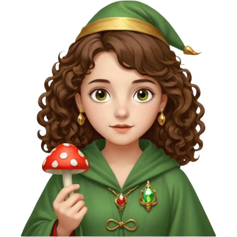 very beautiful italian girl, hazelnut brown eyes, looking like Emma Watson, with curly and big volume very bright brown hair, and a golden piercing ring in nose on left side, dressed in a beautiful wizard robe of green colors, holding red fly mushroom emoji