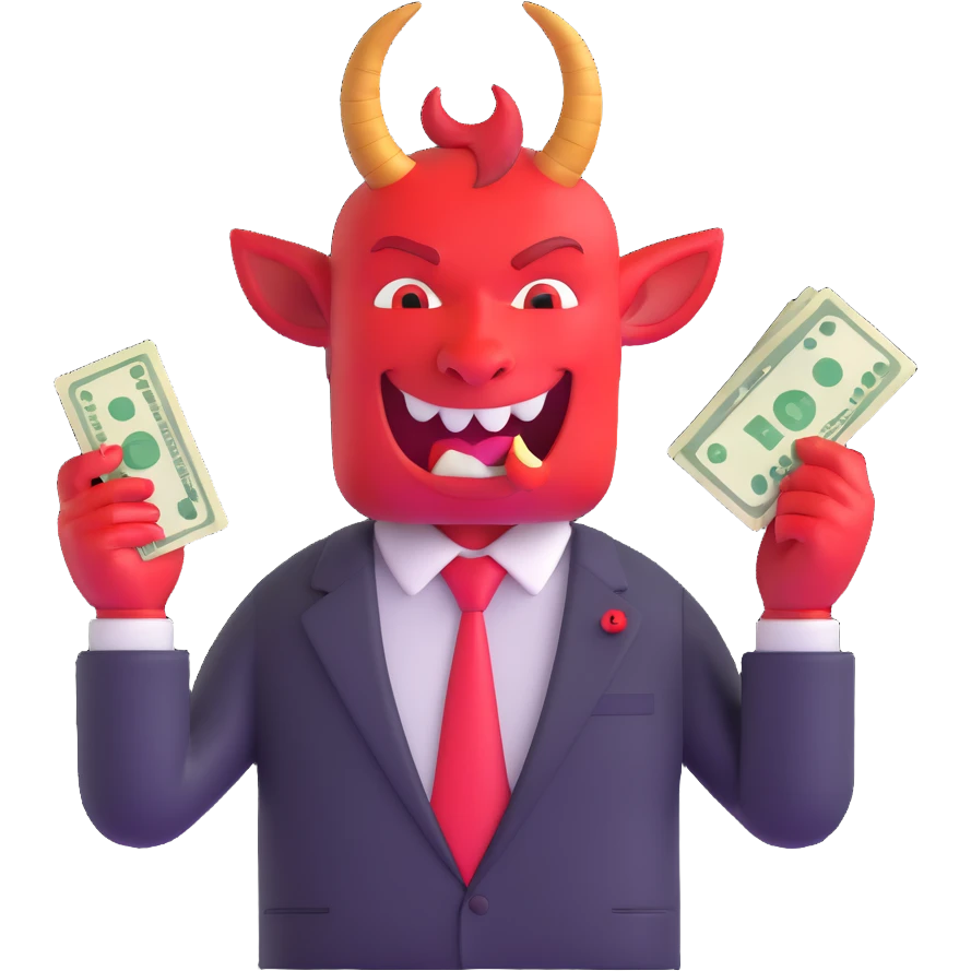 red devil with horns in business suit counting cash with greedy expression emoji