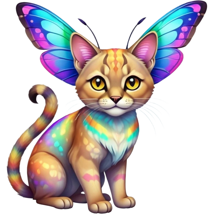 Colorful Neon exotic iridescent tropical shiny Fantasy-Siamese-Bobcat-Caracal-Moth-Scottish-Fold-feline-Fakémon-feline-hybrid (full body) emoji