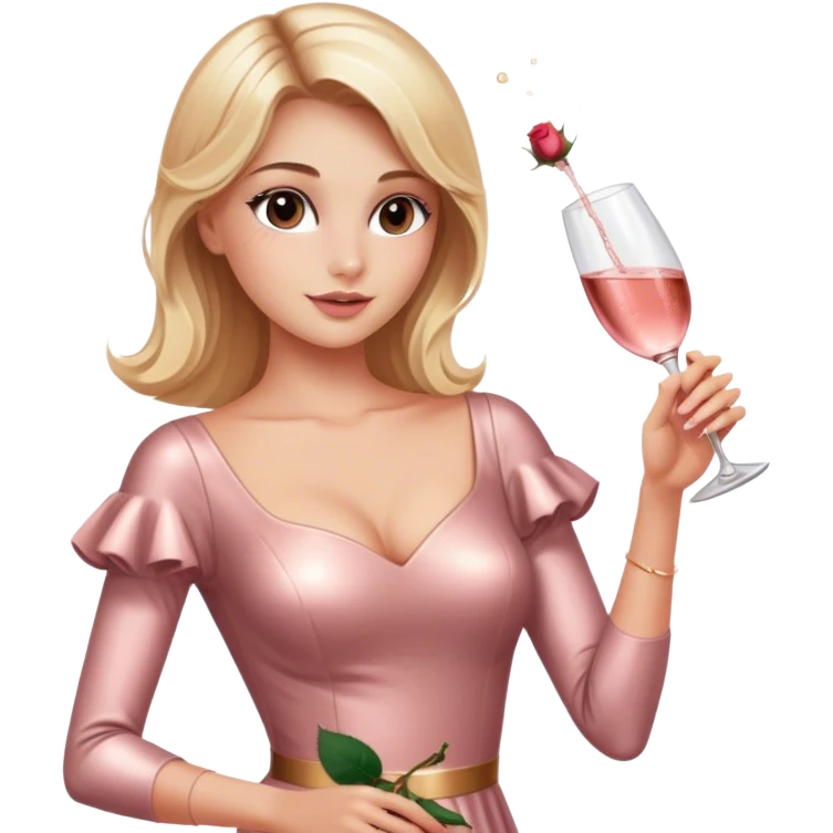 Pretty Blonde model, brown eyes, wearing a rose gold dress with sleeves, raising a bottle of rosé champagne emoji