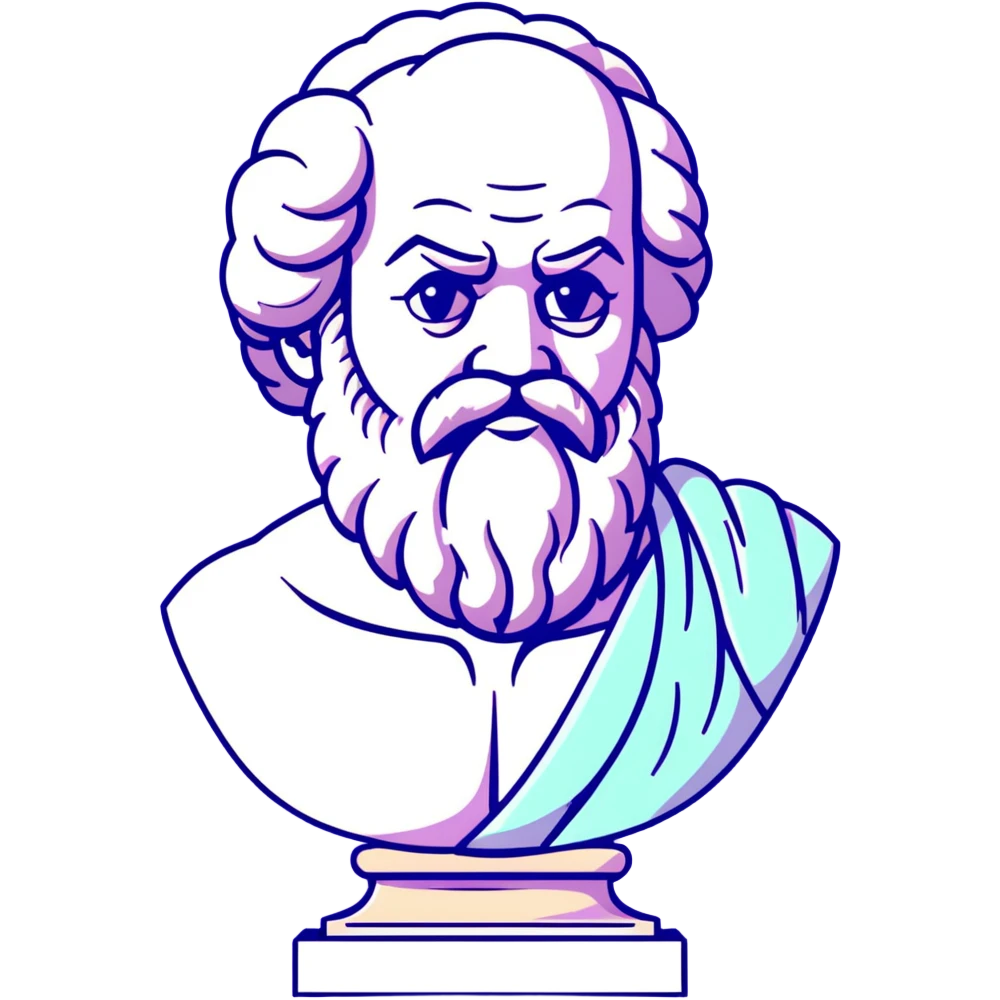 elegant marble statue of Socrates with curly beard and noble profile, ancient Greek philosopher, soft pastel colors in lavender and mint tones emoji