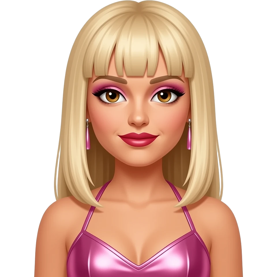 Ashley Roberts from The Pussycat Dolls with brown eyes, long blonde 2000s straight bang hair, pink eyeshadow, red lipstick, pink metallic halter dress, earrings emoji
