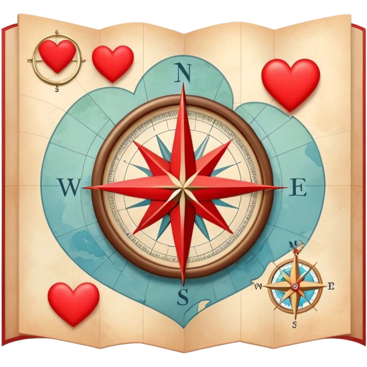 Folded cartography map with compass rose and scale, featuring red hearts as relationship markers and different symbols representing other meaningful life experiences, soft ethereal coloring emoji