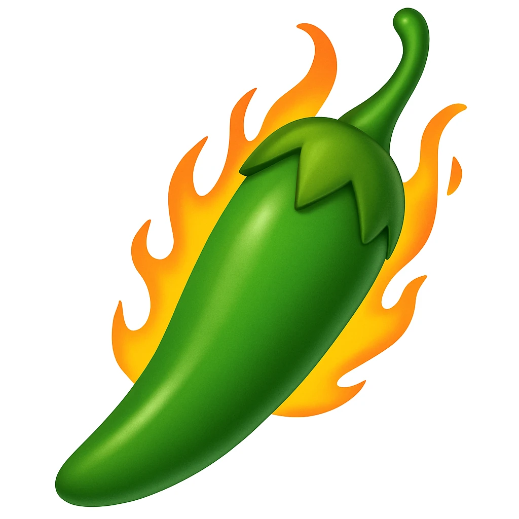 Edit the image of a jalapeno pepper with fire. Make the pepper green. The style should resemble an emoji style with bright colors and simple shapes, suitable for emoji representation. emoji