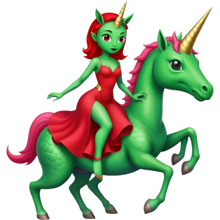 "reptilian green alien woman in red dress", rides unicorn
 emoji
