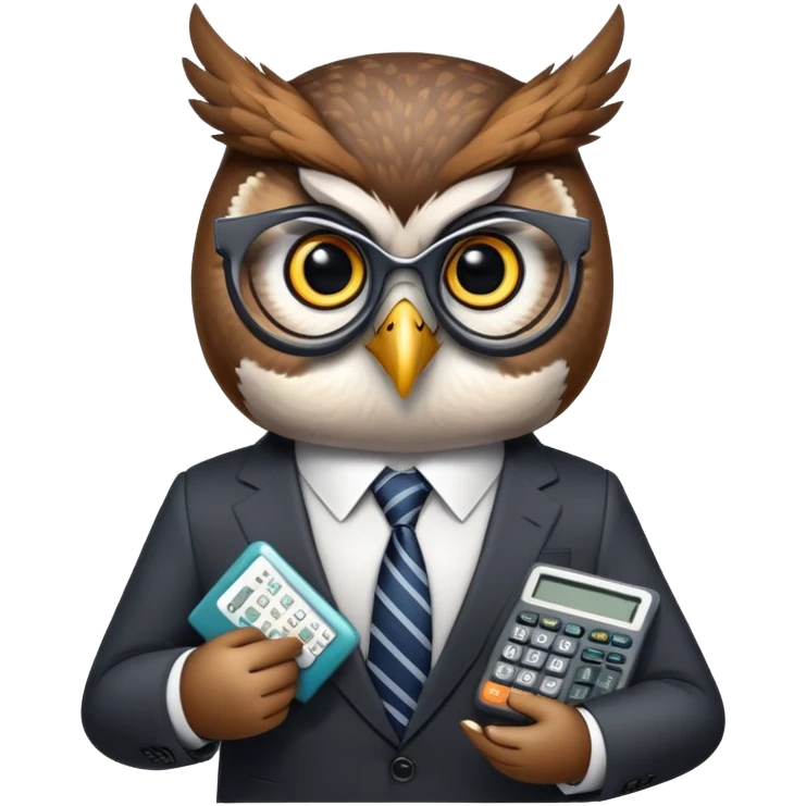 Twilio owl wearing finance outfit with business suit and tie, holding calculator emoji