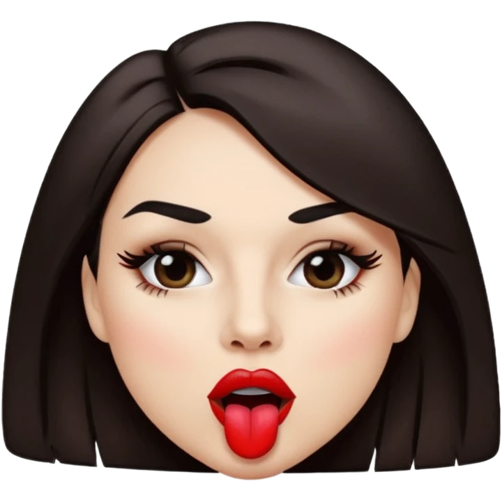 woman with dark brown hair wearing black band over eyes with tongue out emoji