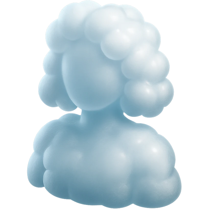person made entirely of white fluffy convex clouds, shoulder length, front view, matte glass style emoji