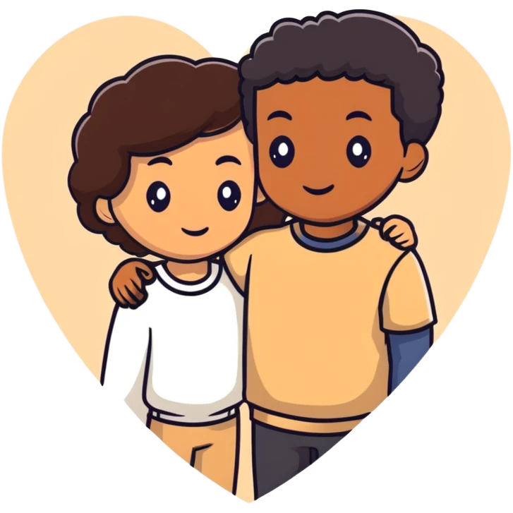 A couple with dark brown hair and mixed skin tone inside a white heart, wearing beige clothes emoji