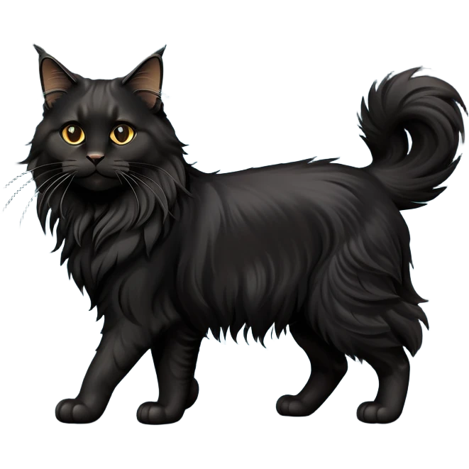 cinematic-black-maine-coon-cat-full-body-on all fours-emoji,-head-tilted-playfully-and-inquisitively,-sleek-solid black-fur,-simplified-yet-adorable-features,-highly-detailed,-glowing-with-a-warm,-friendly-glow -simplified-yet-realistic emoji