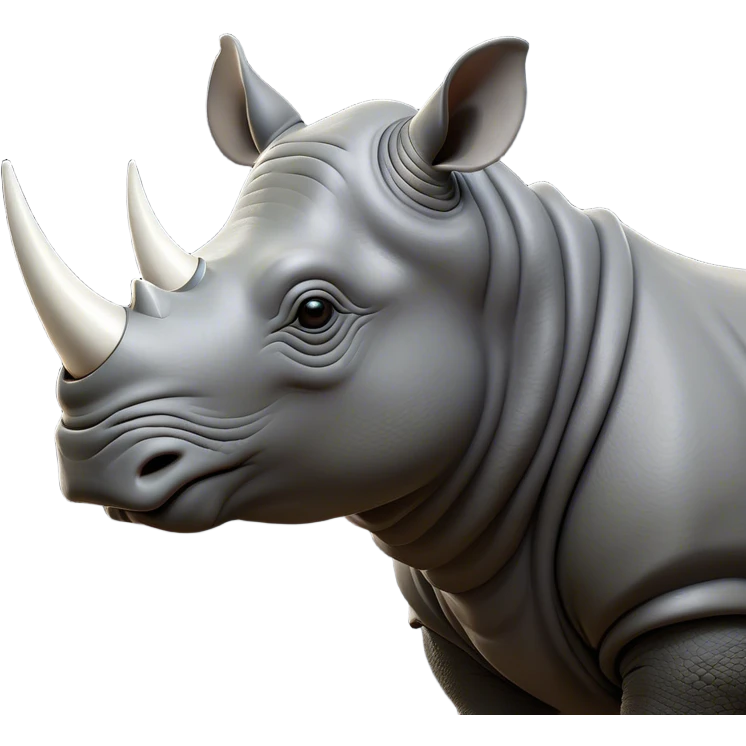 Cinematic Noble Rhinoceros Portrait Emoji, Poised and regal, with a massive, powerful build and a thick, armored hide of slate gray, accented by a prominent, striking white horn, deep-set soulful piercing eyes, Simplified yet sharp and sophisticated features, highly detailed, glowing with a soft, dignified glow, high shine, intelligent and formidable, stylized with an air of ancient might, focused and attentive, soft glowing outline, capturing the essence of a watchful and commanding behemoth, so majestic it feels as though it could charge out of the screen with effortless authority! emoji