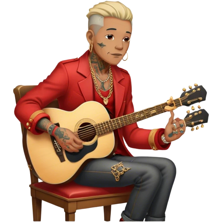 Icon for Chanson: Old chanson singer with tattoos, red jacket, gold chains, sitting on a chair with an acoustic guitar. The atmosphere should reflect a nostalgic, soulful vibe with vintage elements. Transparent background. emoji