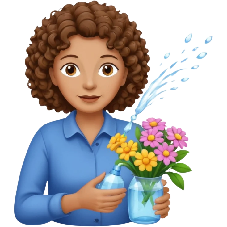 Older female florist – curly hair, spraying water on fresh flowers emoji