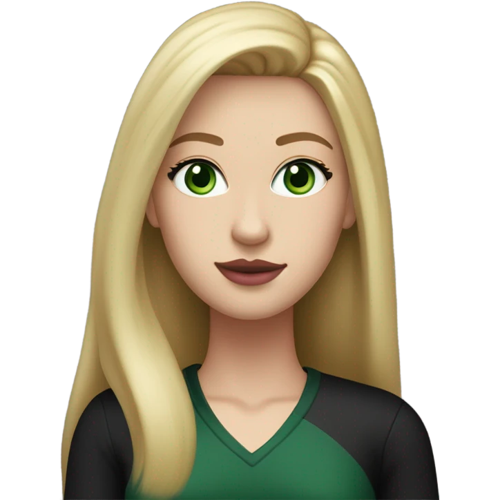 Caucasian woman, long blonde straight hair, dark greens eyes, pink lips, v-cut black long sleeve, eyelashes emoji
