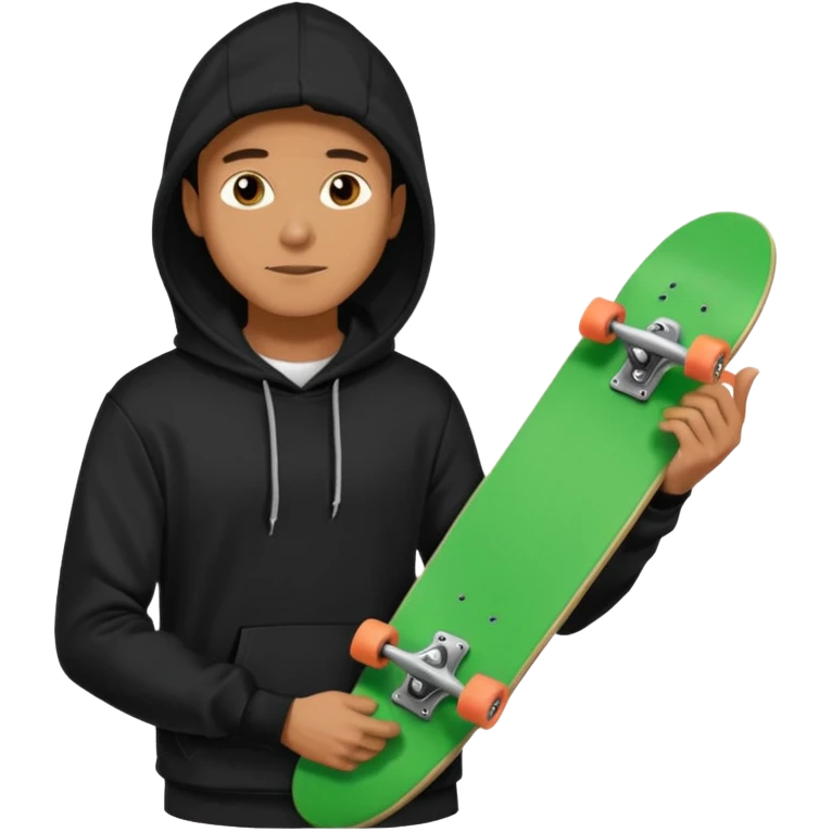 Un hombre sorteando con camisa negra encapuchado y tabla verde  emoji