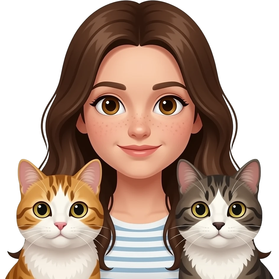 brunette girl with brown light eyes and freckles long brown hair with two cats emoji