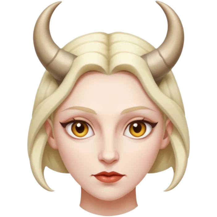 Woman with subtle horns, smooth skin and sharp gaze, divine corruption emoji