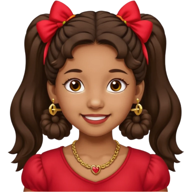 Brownskin girl dark brown hair fluffy. pigtails with red bows brown eyes smiling closed mouth red shirt gold esrrings gold necklace emoji