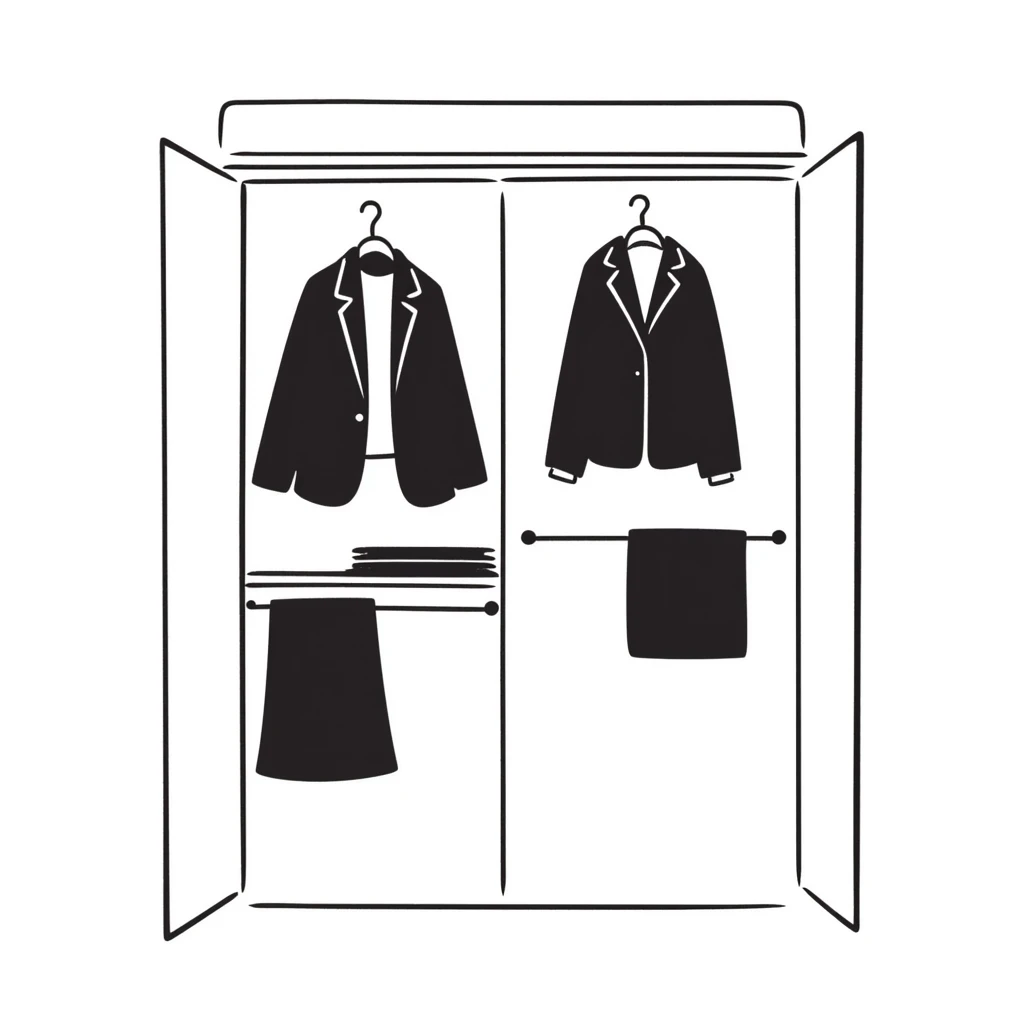 Hand-drawn minimalist wardrobe, slightly open revealing neatly arranged business attire emoji