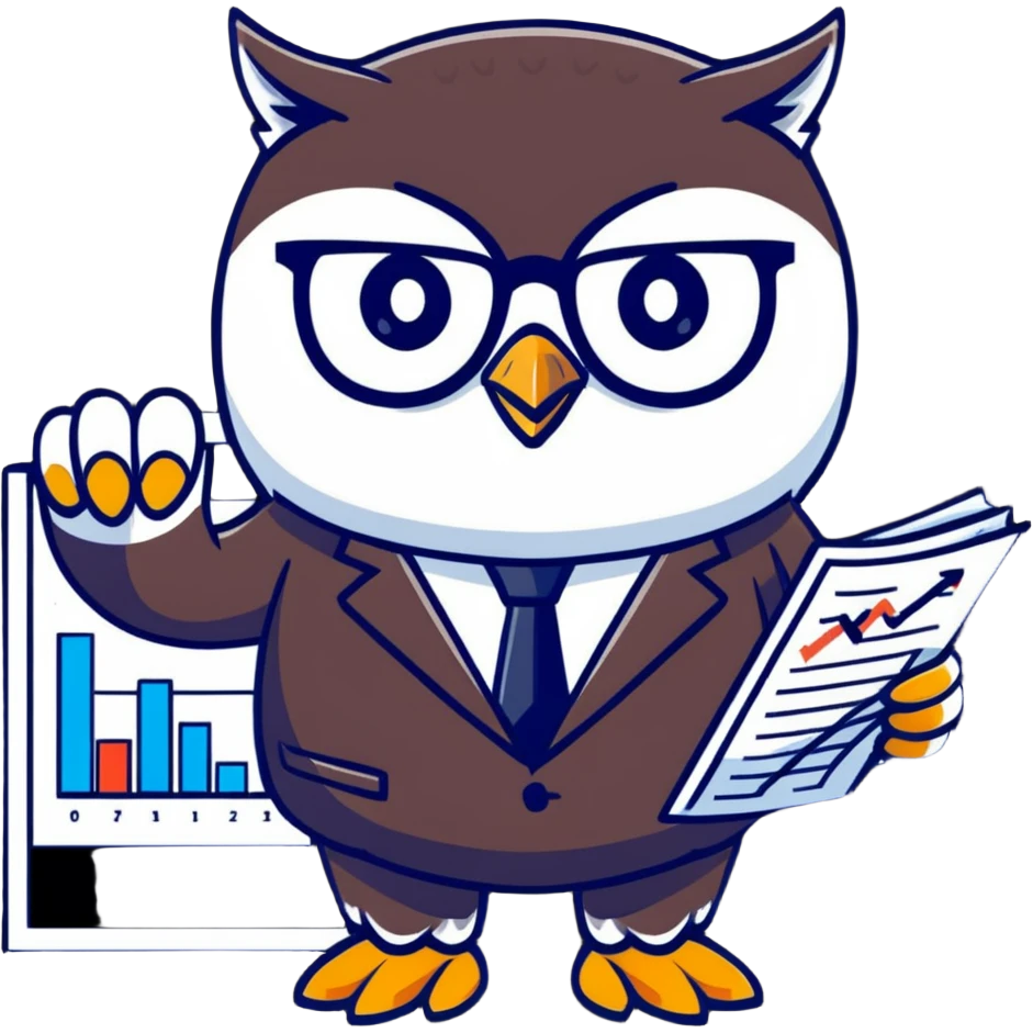 Twilio owl wearing finance outfit with business suit, glasses and stock market chart emoji