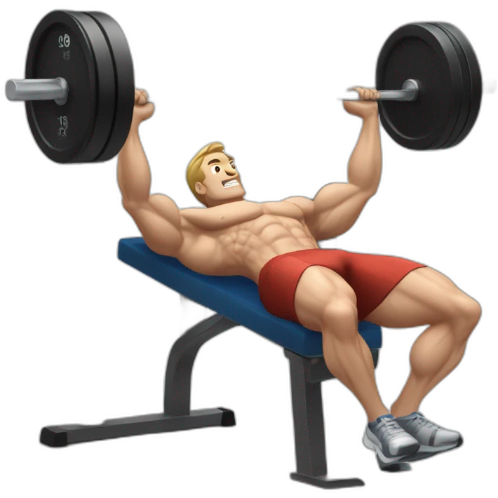white man on musculation bench with portable computer used as dumbbels doing bench press emoji