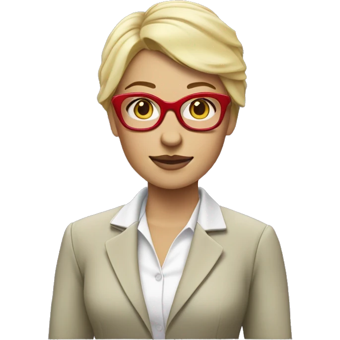 Blonde woman with short hair, greenish eyes, purple square glasses, wearing a white blouse with a red blazer on top.  emoji
