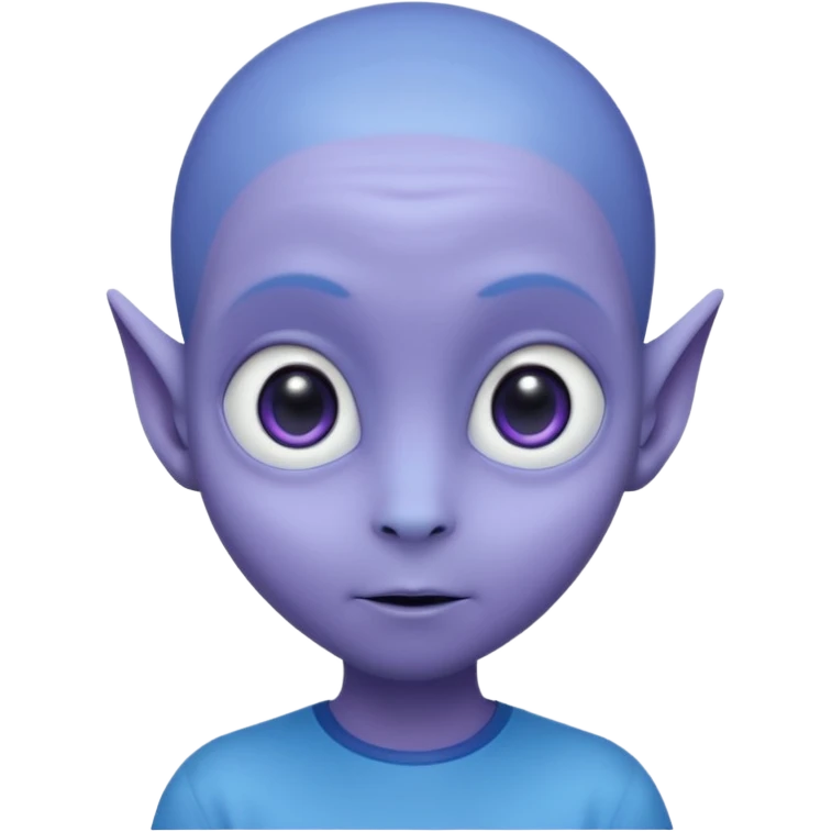 Portrait of an cute alien with smooth purple-blue skin, large black oval eyes, small nose, and visible ears, elongated head, front-facing, wearing blue t-shirt, soft glow, simple futuristic design emoji