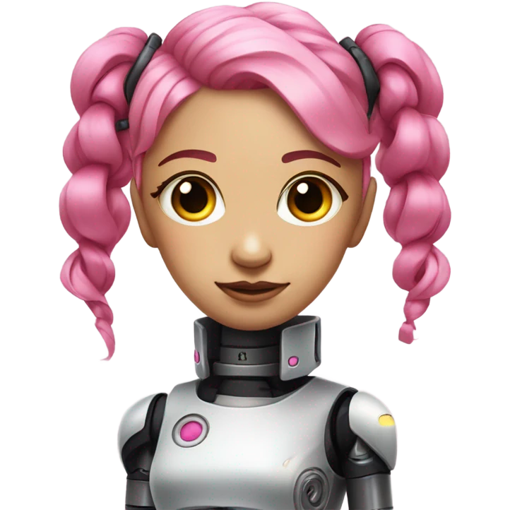 cyborg girl, pink hair, robot body, gynoid, twintails, cyberpunk, black collar, straight hair emoji