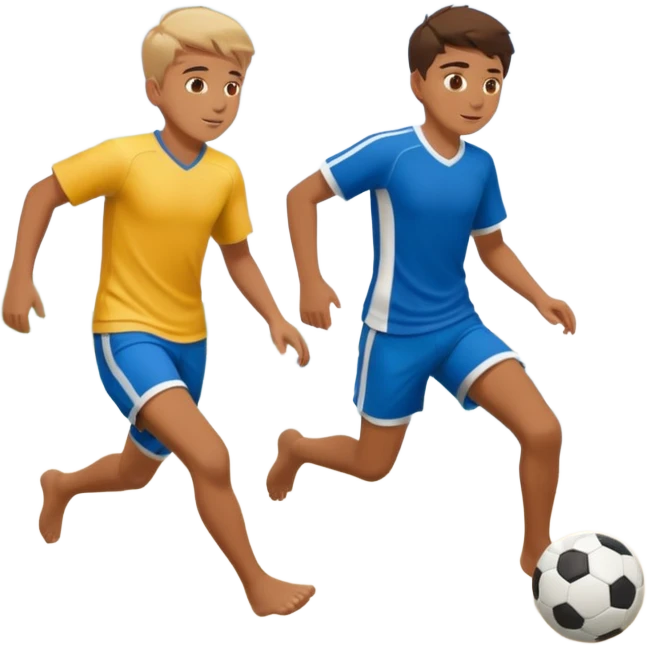 Two boys playing soccer at the beach no shirts. emoji
