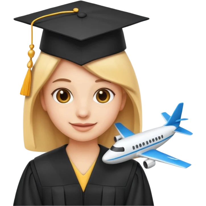 emoji student at university with graduation cap and airplane, happy, white background, emoji