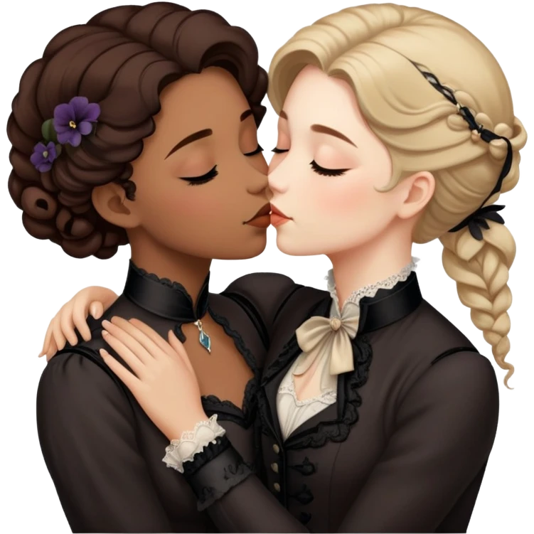 Victorian era lesbian couple kissing tenderly, eyes closed, different hair colors, wearing elegant dark period clothing emoji