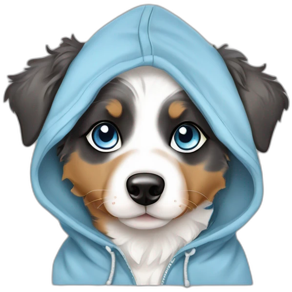 baby dog ​​with blue eyes, merle color, Australian Shepherd breed, with a hoodie emoji