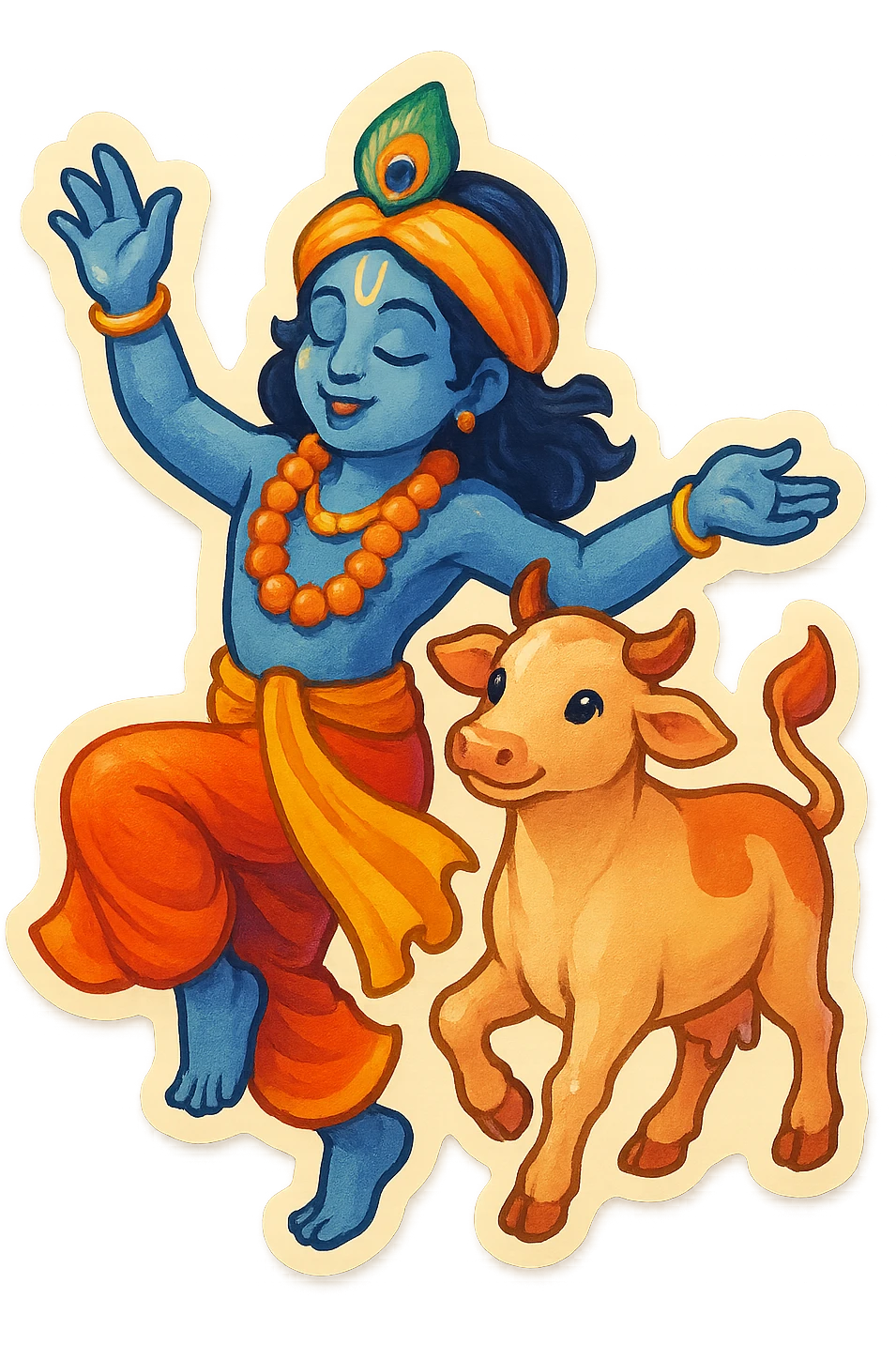 Hare Krishna themed sticker, Krishna dancing with a cow, colorful and cheerful, no text emoji