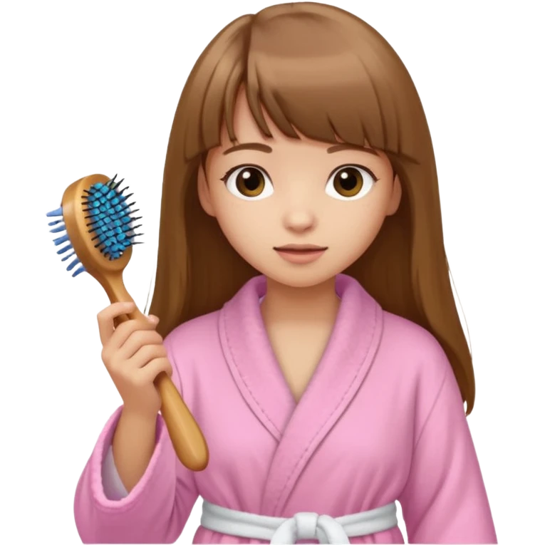 a girl with light skin and medium brown long hair with bangs who is brushing her hair with a hairbrush and she is wearing a light pink bathrobe emoji