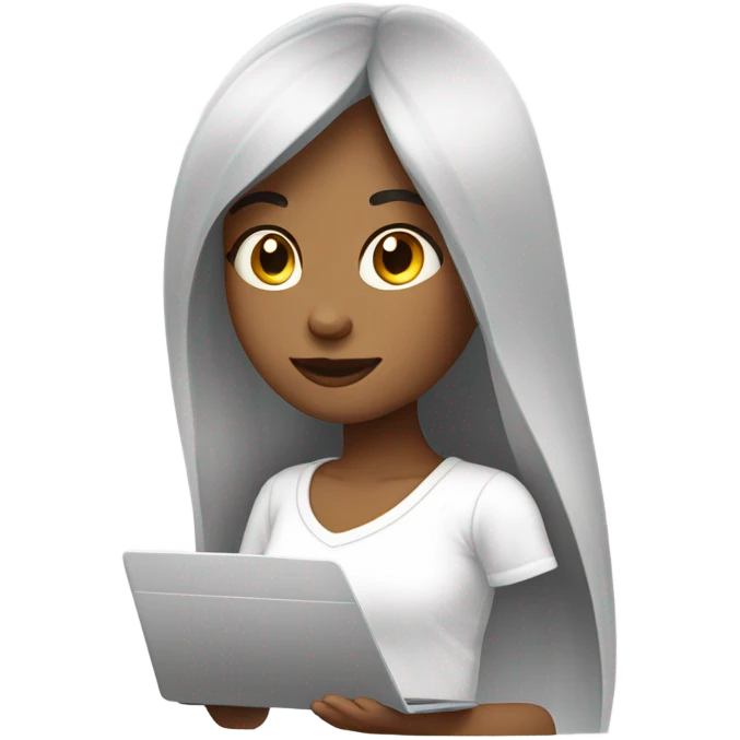 a girl with long straight hair and bangs working on a laptop (she is a marketer). wearing a white oversized t-shirt emoji