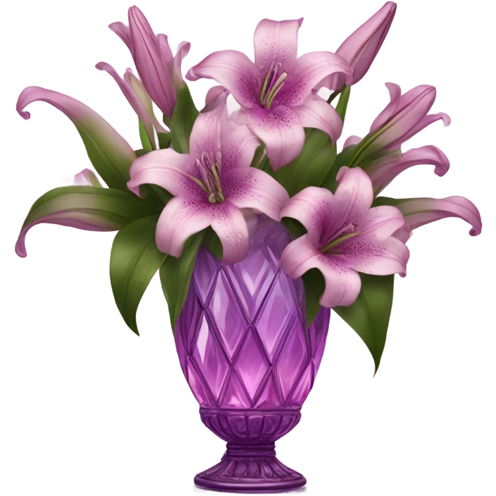 A luxurious bouquet of violet lilies in an ornate Pink crystal vase, placed on an antique wooden table with soft candlelight reflecting off its petals. emoji