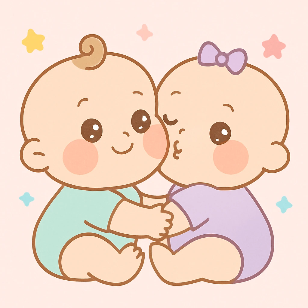 two babies kissing, chubby cheeks, joyful expression, soft illustration emoji