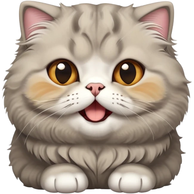 Cinematic-Adorable-Scottish-Fold-Cat-Portrait-Emoji – Big-eyed, fluffy Scottish Fold cat with a playful head tilt and a cute yawn, plush solid-grey fur, signature small folded ears enhancing its round face, simplified yet irresistibly cute features, expressive amber eyes filled with quiet curiosity, highly detailed with a gentle glow. emoji