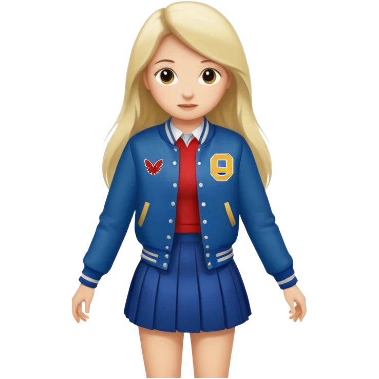 long hair girl with varsity jacket and skirt emoji