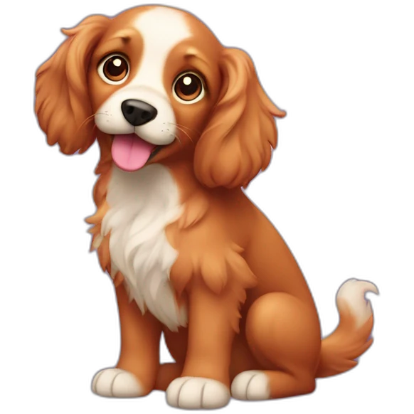 A red puppy with long fur, floppy ears, a curly tail and purple eyes emoji