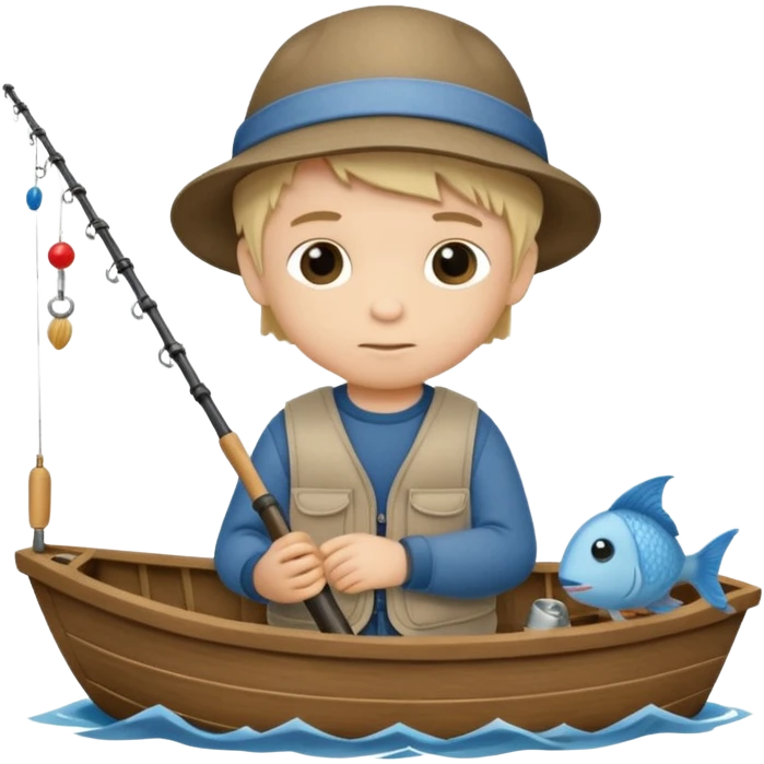 Little boy on a little boat fishing, felt texture, scrapbooking, precious moments style character emoji