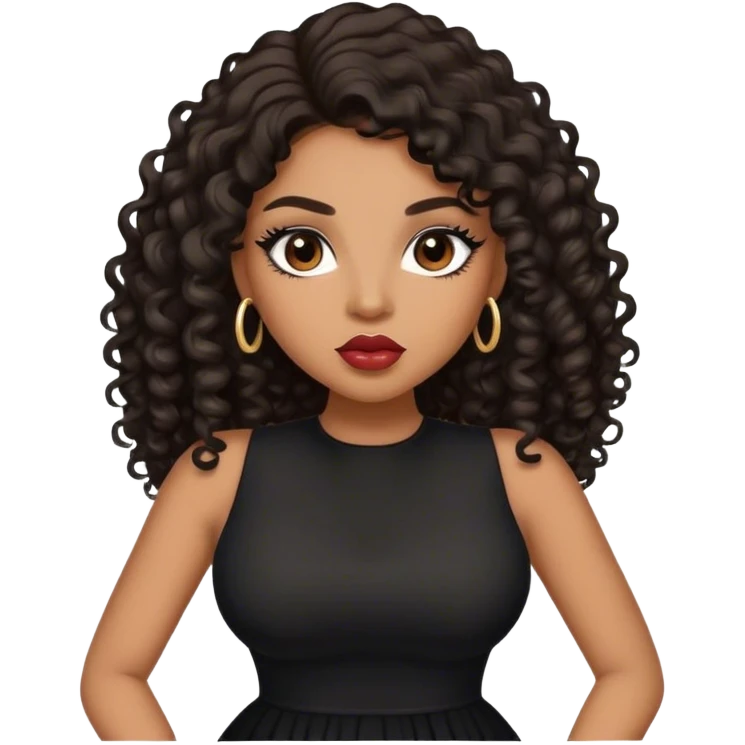 light brown skin tone, very beautiful woman, with big plump lips, long long lashes, black curly long hair, brown eyes, black dress emoji