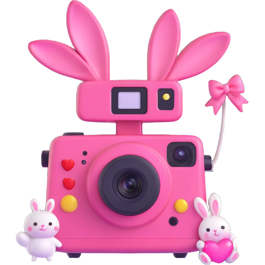 Cute pink instant camera with a bow, heart, and bunny decorations, shiny and glossy, in 3D iOS emoji style on a white background. emoji