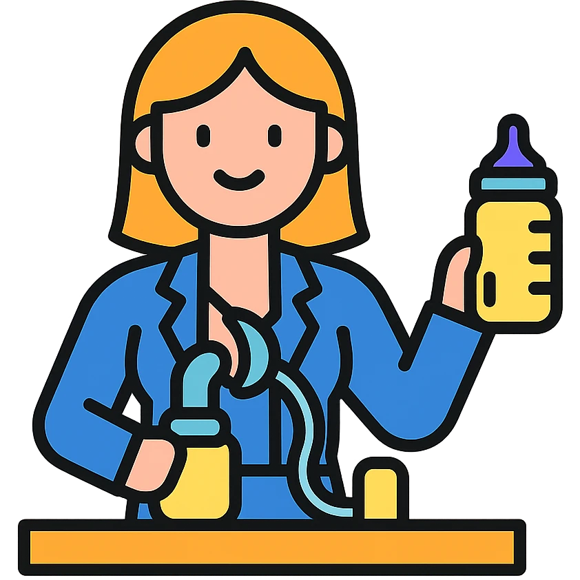 working mum pumping milk, smiling, holding a baby bottle emoji