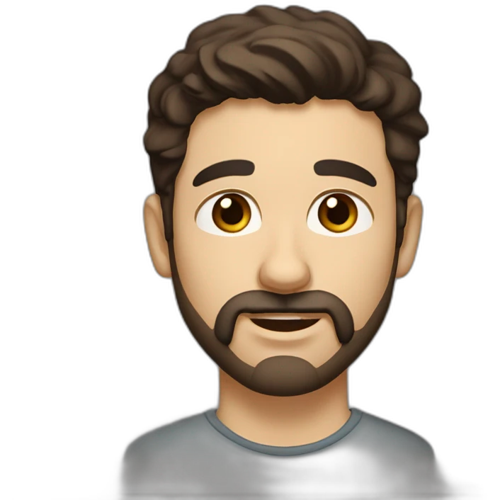 A young Caucasian man with dark brown eyes, almond-shaped eyes, short dark brown hair, and a small dark brown beard with a more prominent mustache. emoji