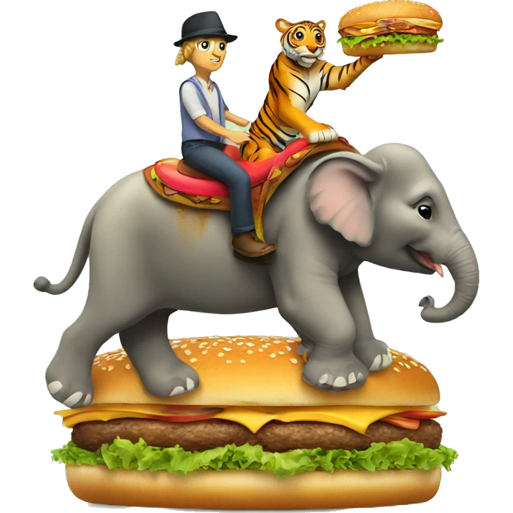 Tiger riding on an elephant riding on a hamburger emoji