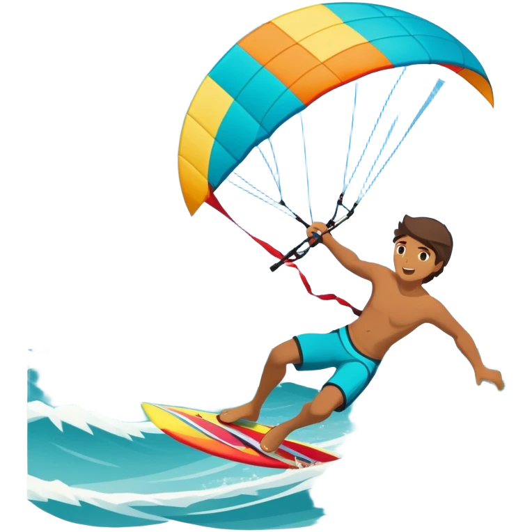 A kite surfer soaring above the waves, holding onto a kite with the wind in full force. The background showcases the ocean and sky, emphasizing the freedom, thrill, and energy of the sport. The motion of the kite and board is dynamic, capturing the excitement of kiting. emoji