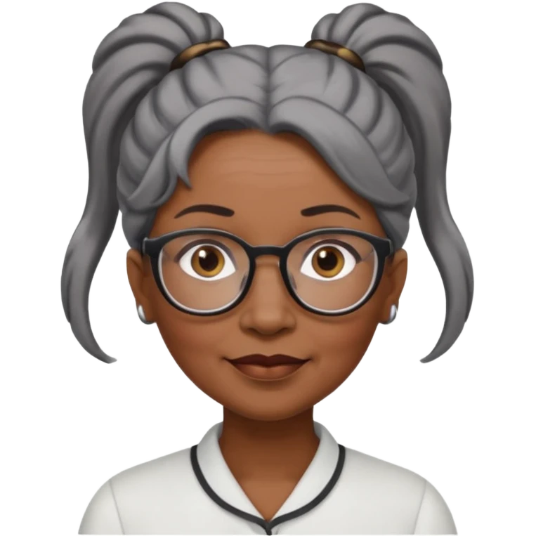 emoji of a black older women with black and gray hair in a ponytail with glasses and brown eyebrows emoji