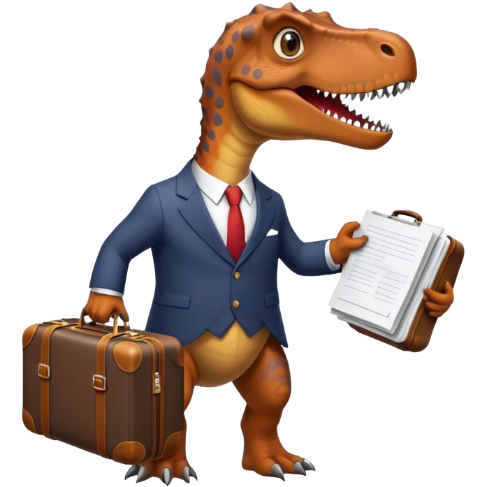 office Dinosaur in a suit, a huge luggage full of papers, trip emoji