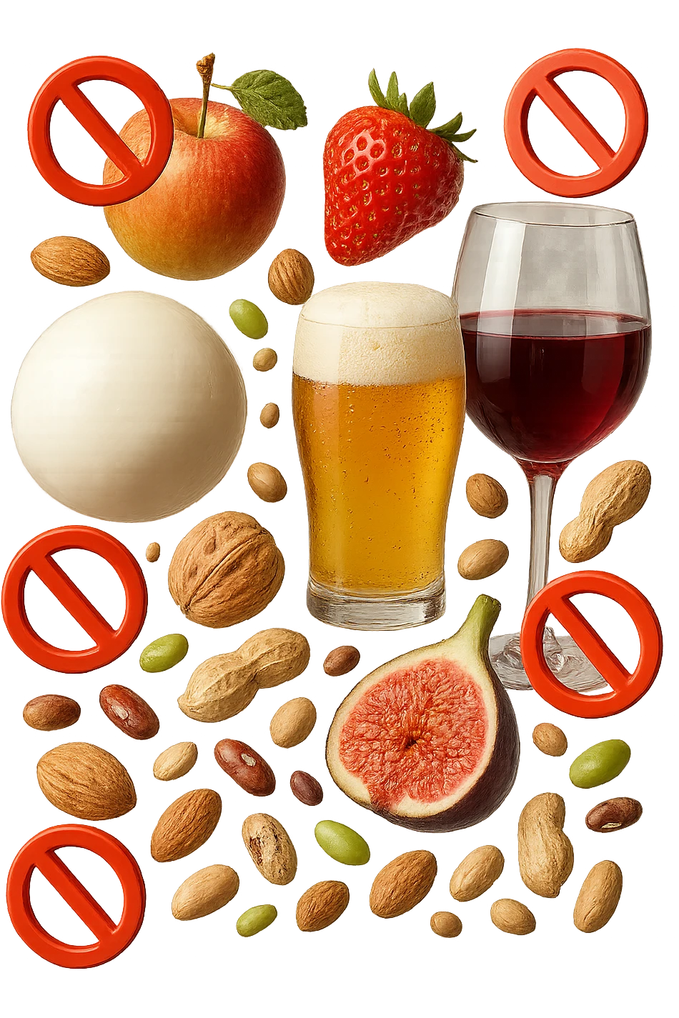 mozzarella, frutta legumi, frutta secca, birra e vino realistici fluttuano in aria con piccoli divieti 3d, IPERREALISTICO 4K emoji